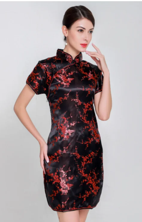 Floral Satin Cheongsam Dress Plus Size Women Mandarin Collar