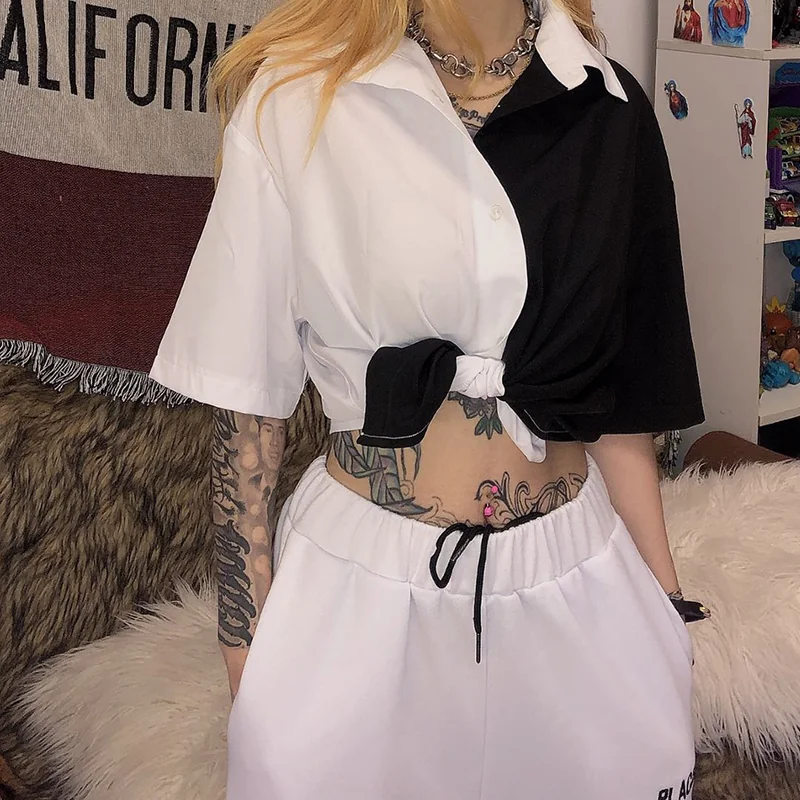 Black and White Cropped Tie-Front Shirt