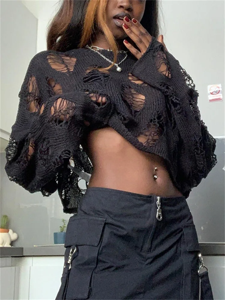 Elegant Ripped Knit Sweater - Premium Cotton & Polyester Blend