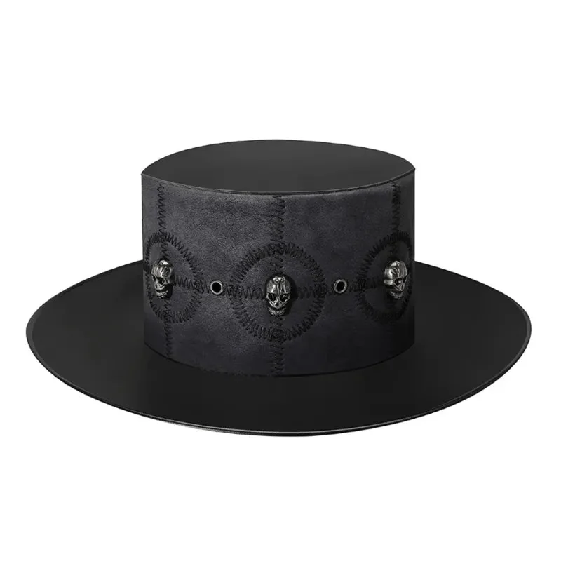 Mens Black Leather Skull Hat 59cm Circumference