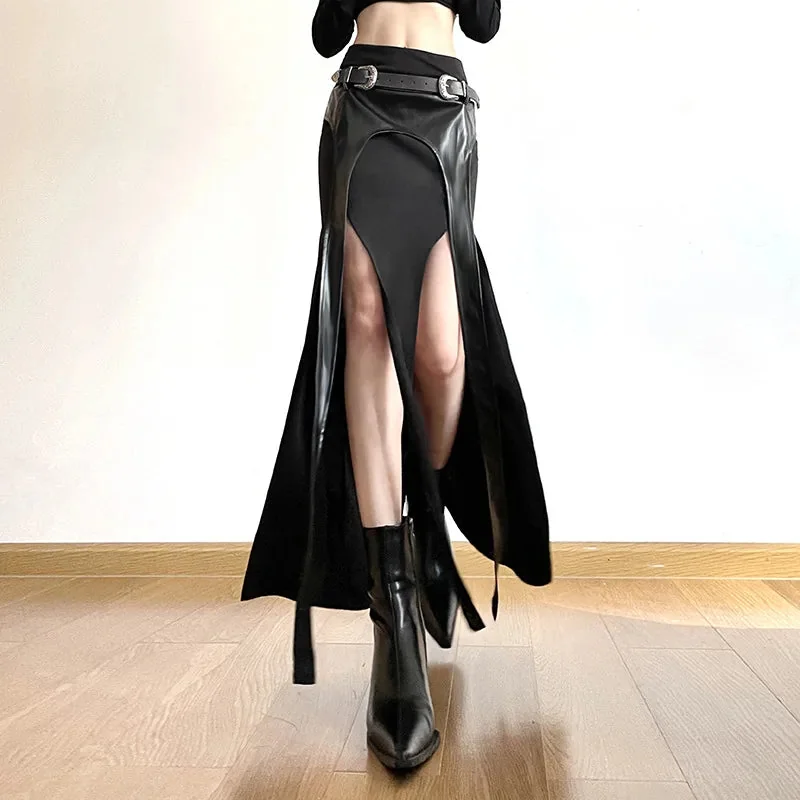 Black Faux Leather Long Skirt for Women