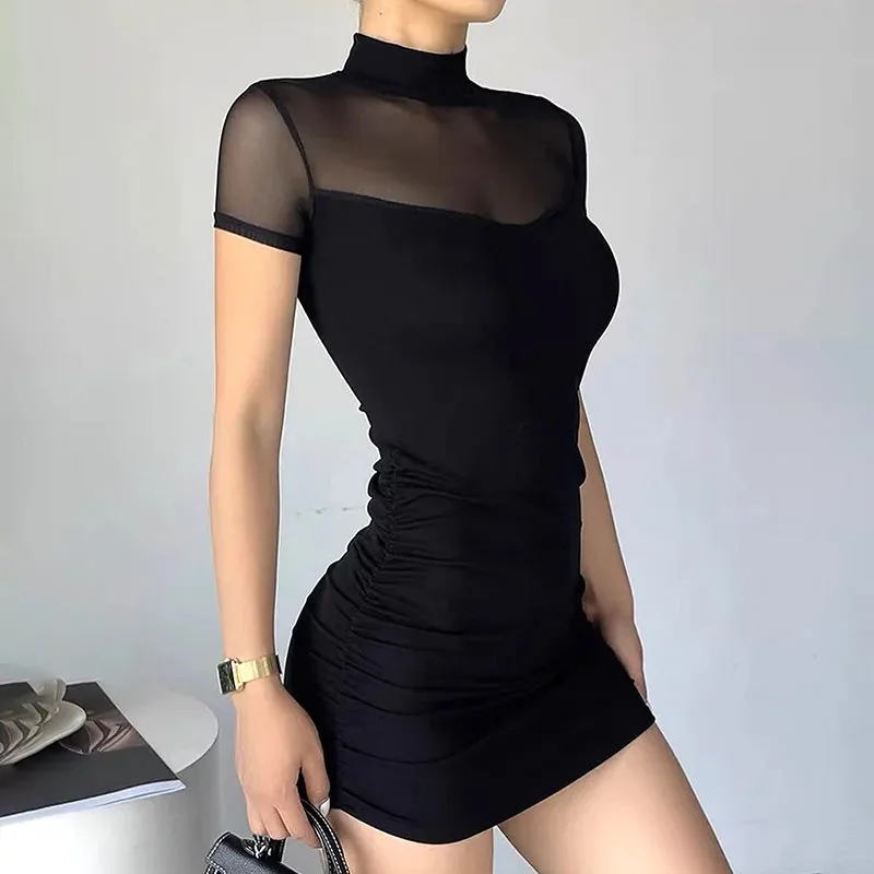 Black Cotton Polyester Womens Mini Dress