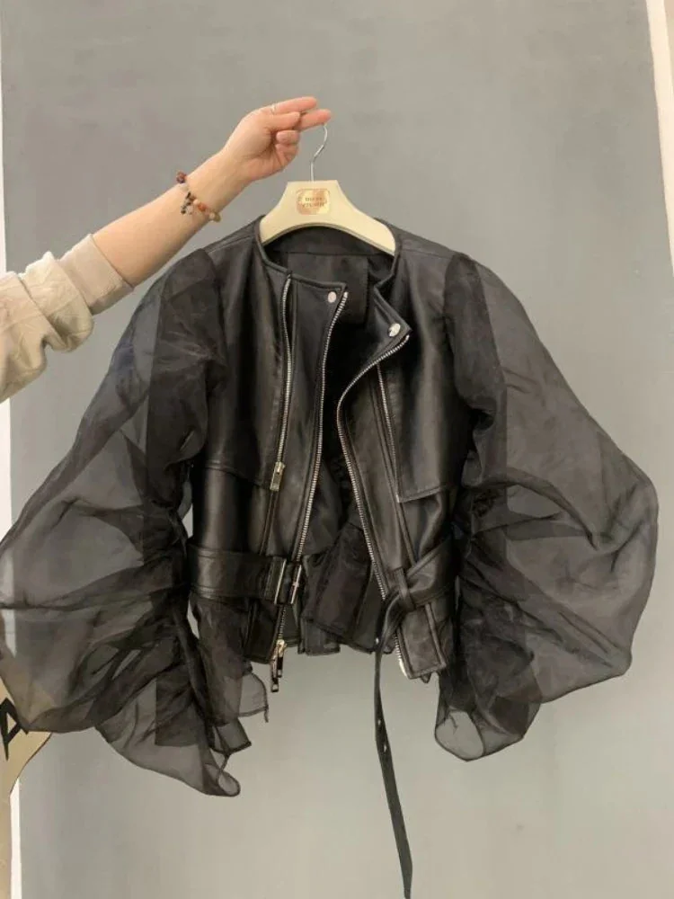 Black Mesh Ruffled Jacket for Women