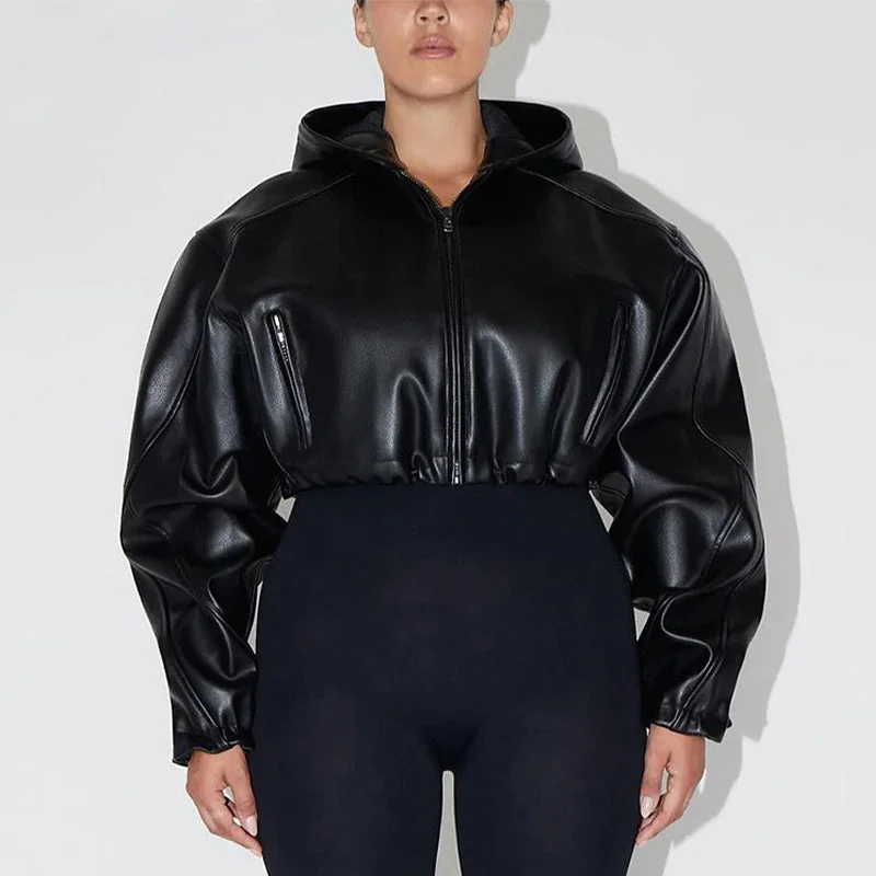 Trendy Black Faux Leather Cropped Jacket