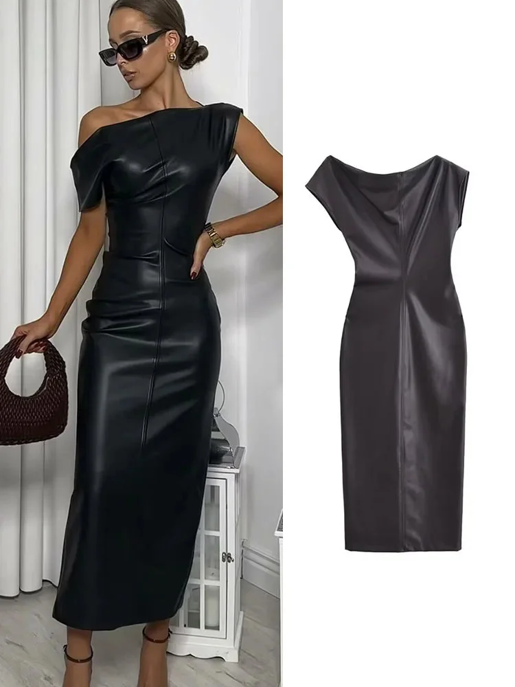 Black Leather Womens Classic Dress - Premium Faux Leather Blend