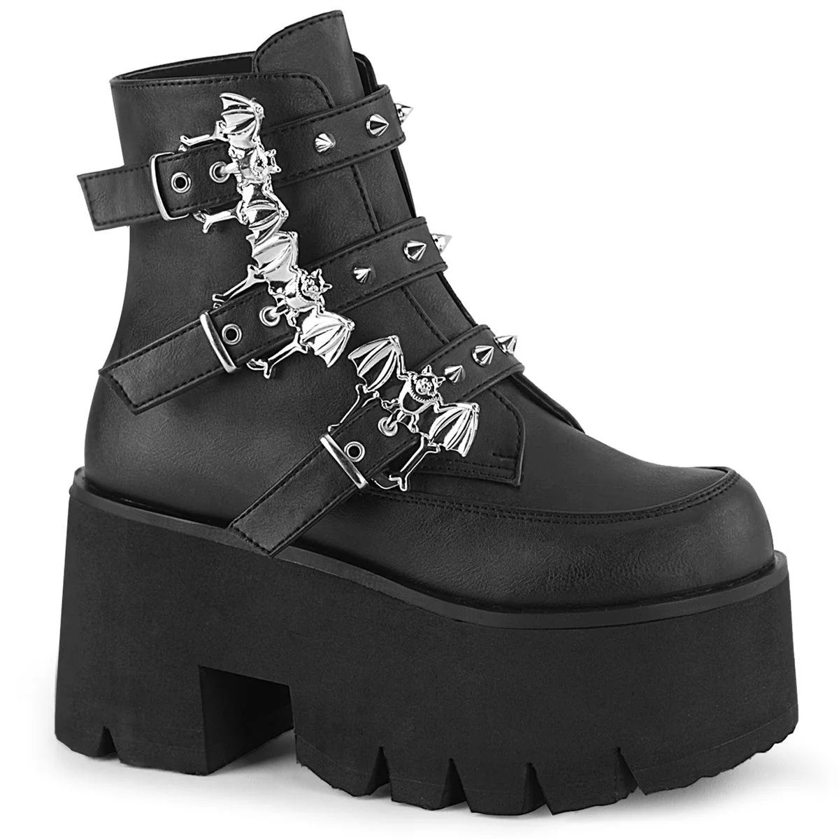 Black Vegan Bat Buckle Platform Ankle Boots