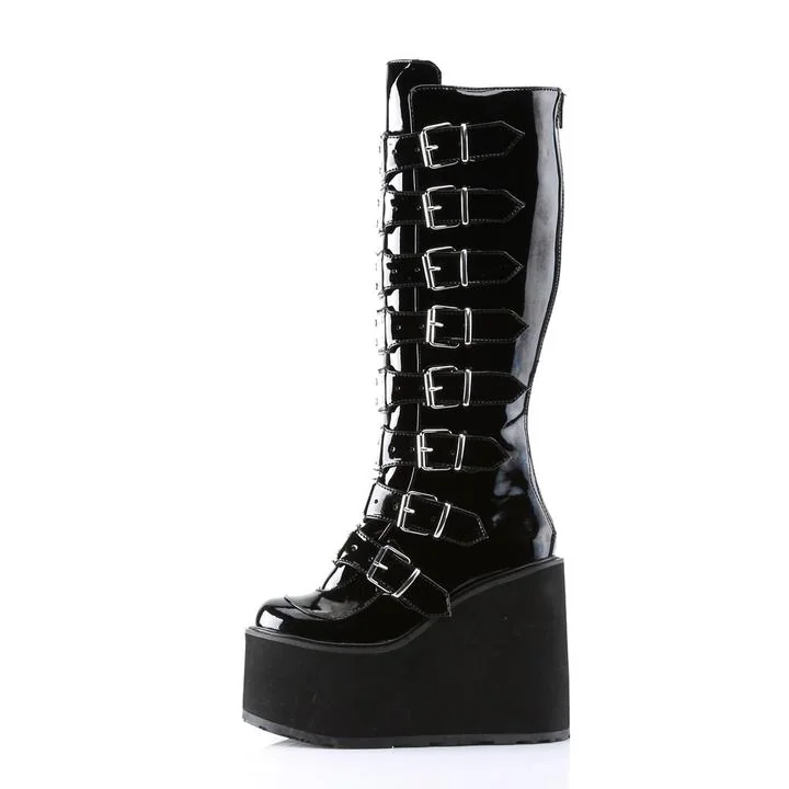 Gothic Buckled Platform Boots - Vegan Patent Finish