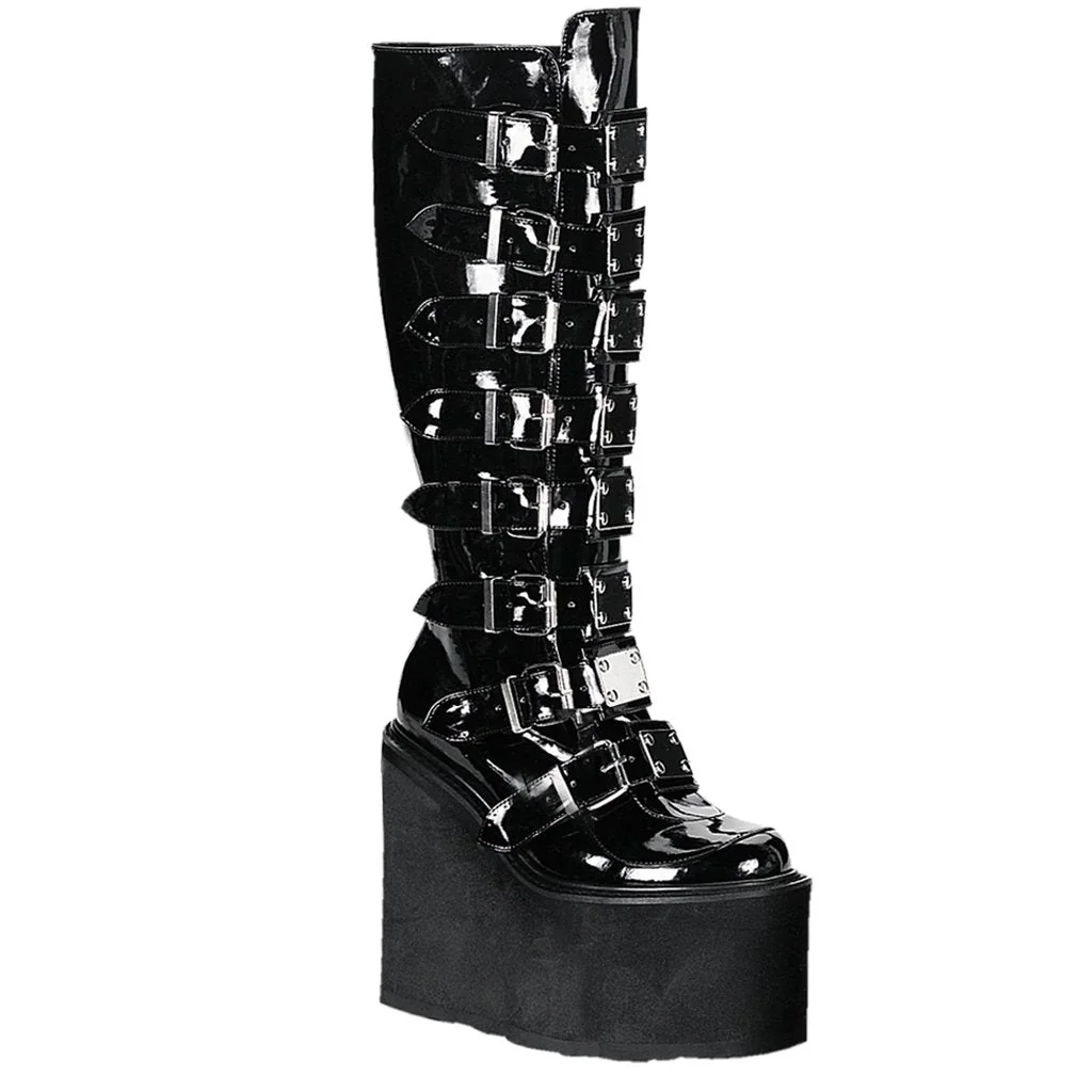 Gothic Buckled Platform Boots - Vegan Patent Finish