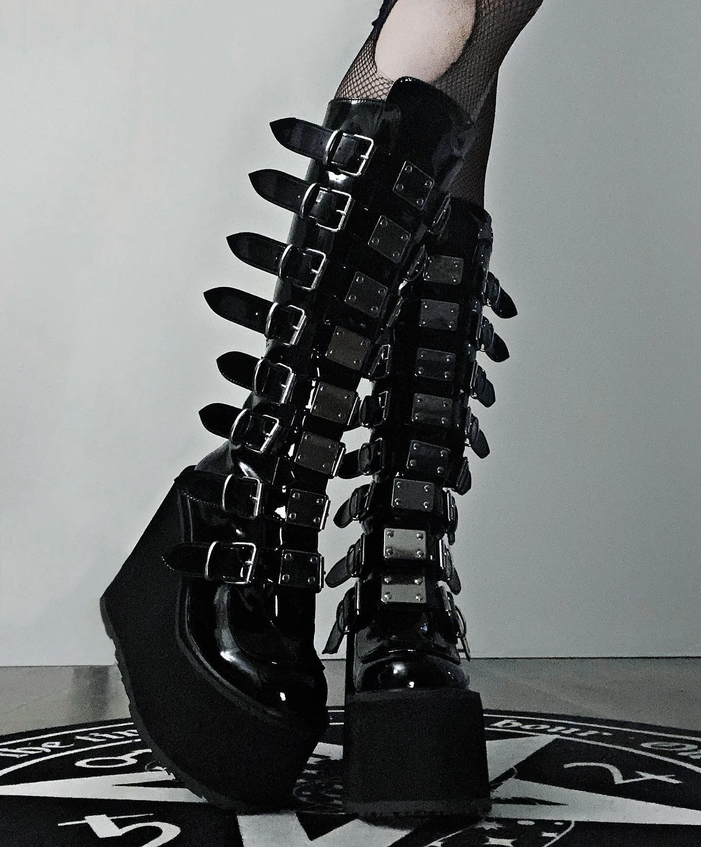 Gothic Buckled Platform Boots - Vegan Patent Finish