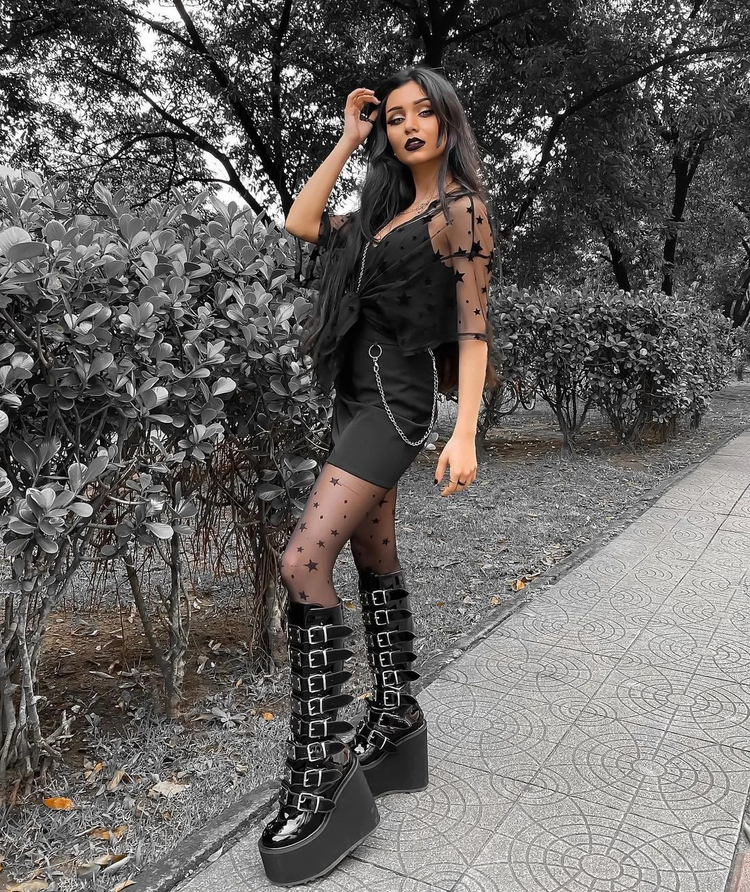 Gothic Buckled Platform Boots - Vegan Patent Finish