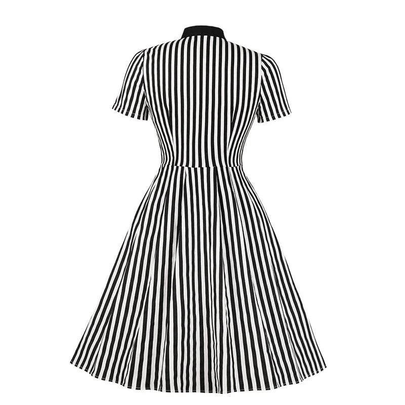 Retro Striped Swing Dress with Bow Detail