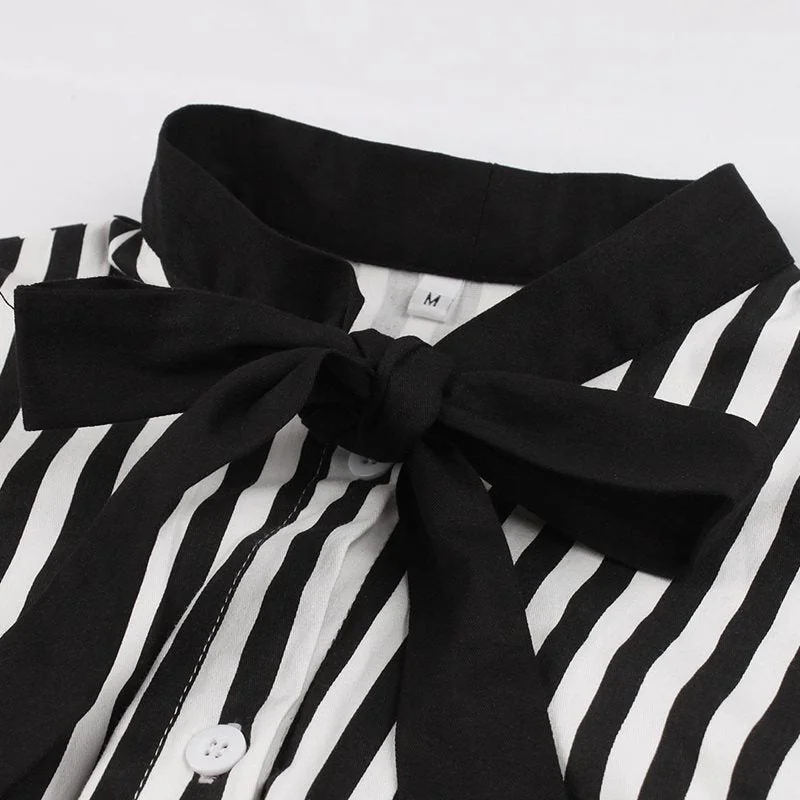 Retro Striped Swing Dress with Bow Detail