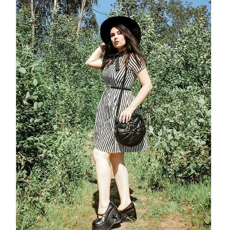 Retro Striped Swing Dress with Bow Detail