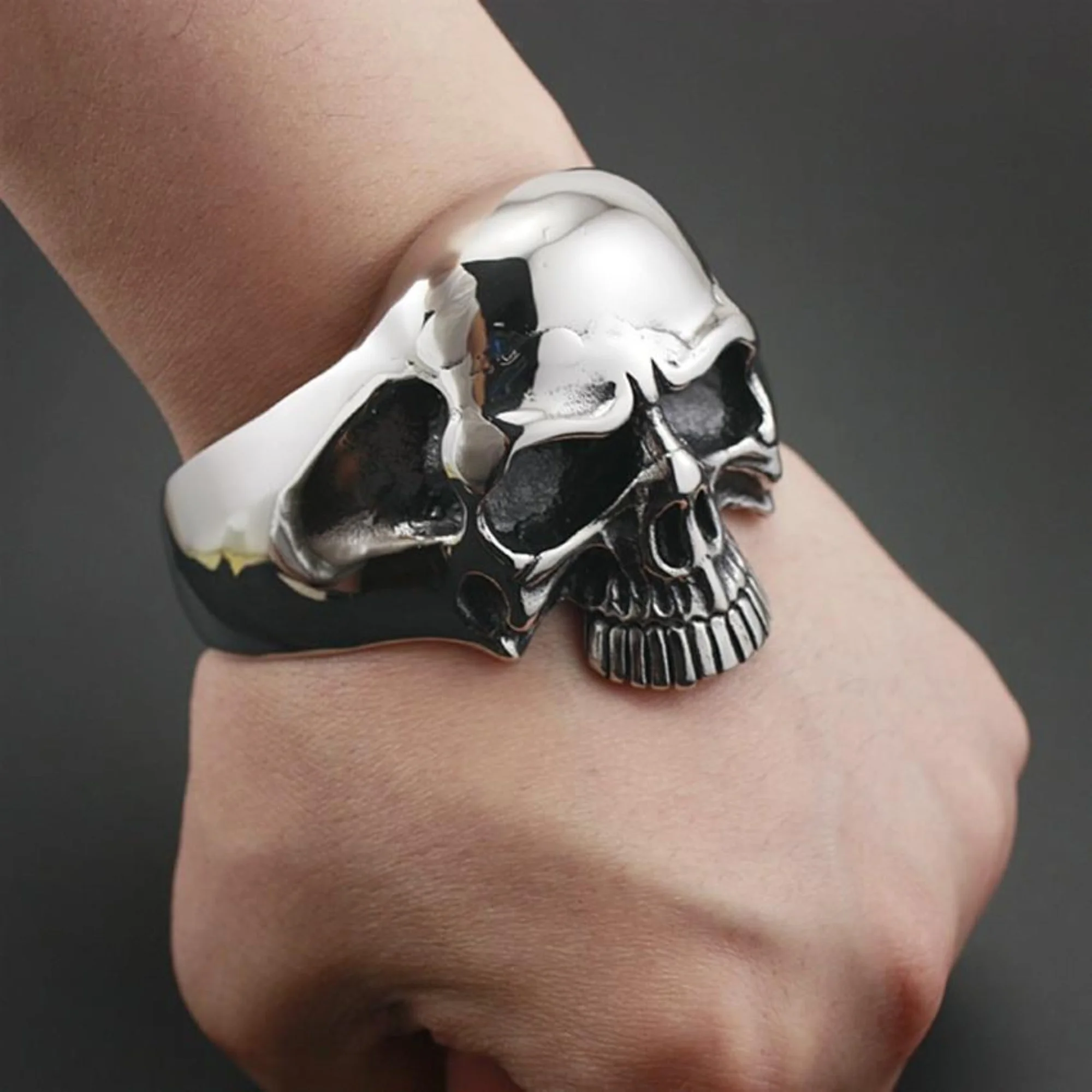 Adjustable Skull Face Cuff Bracelet - Steel
