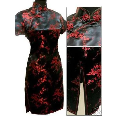 Chinese Traditional Satin Cheongsam Dress Dark Floral Design
