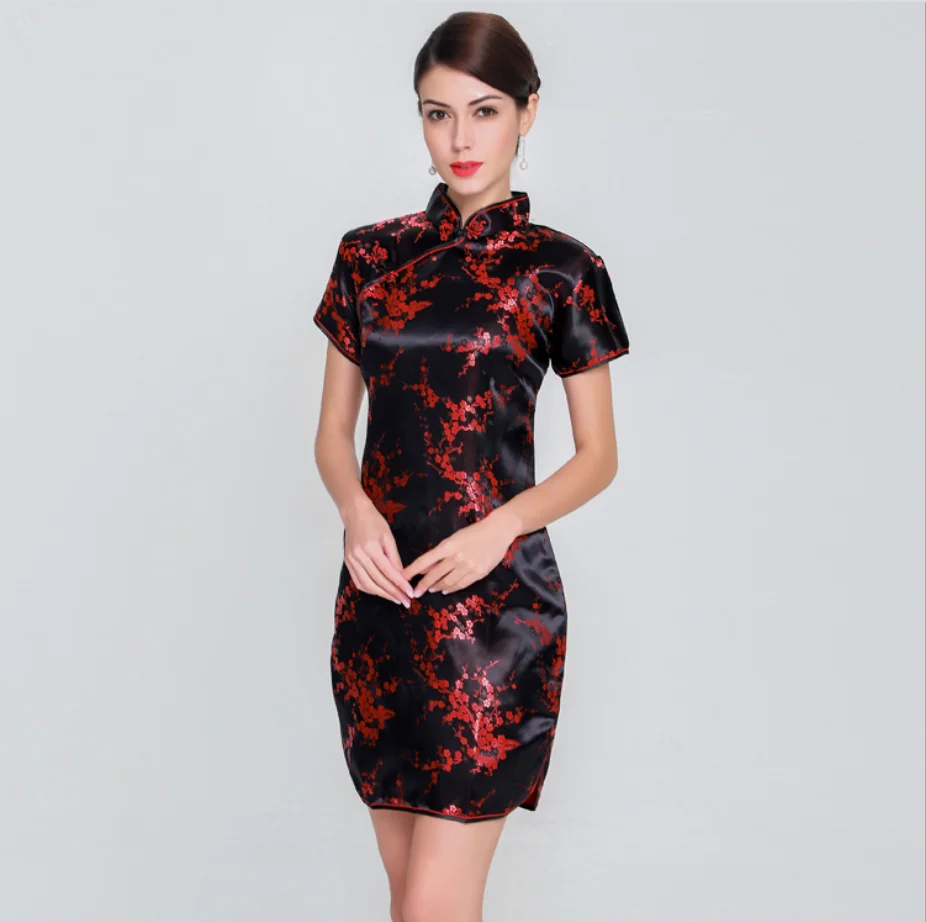 Chinese Traditional Satin Cheongsam Dress Dark Floral Design