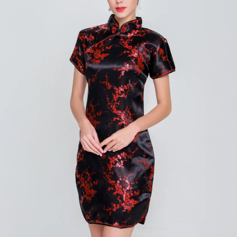 Chinese Traditional Satin Cheongsam Dress Dark Floral Design