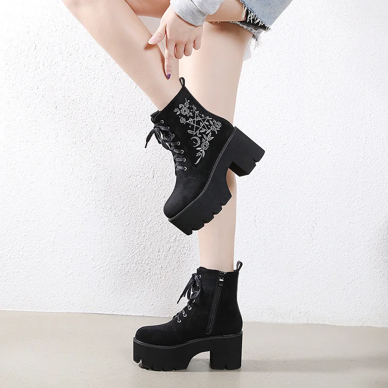Crescent Moon Floral Ankle Boots for Women