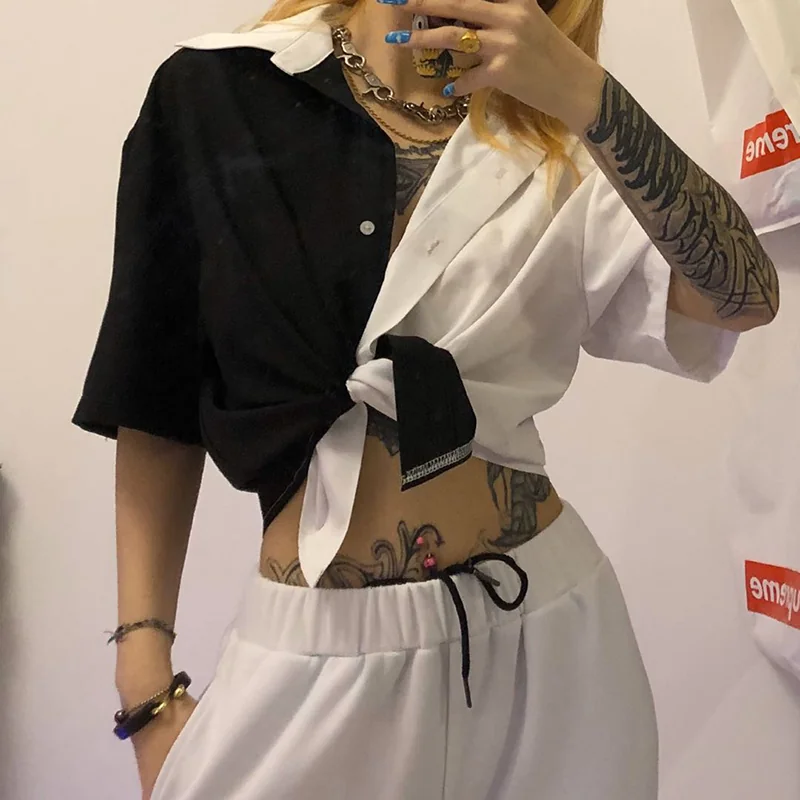 Cute Two Tone Cropped Tie-Front Shirt