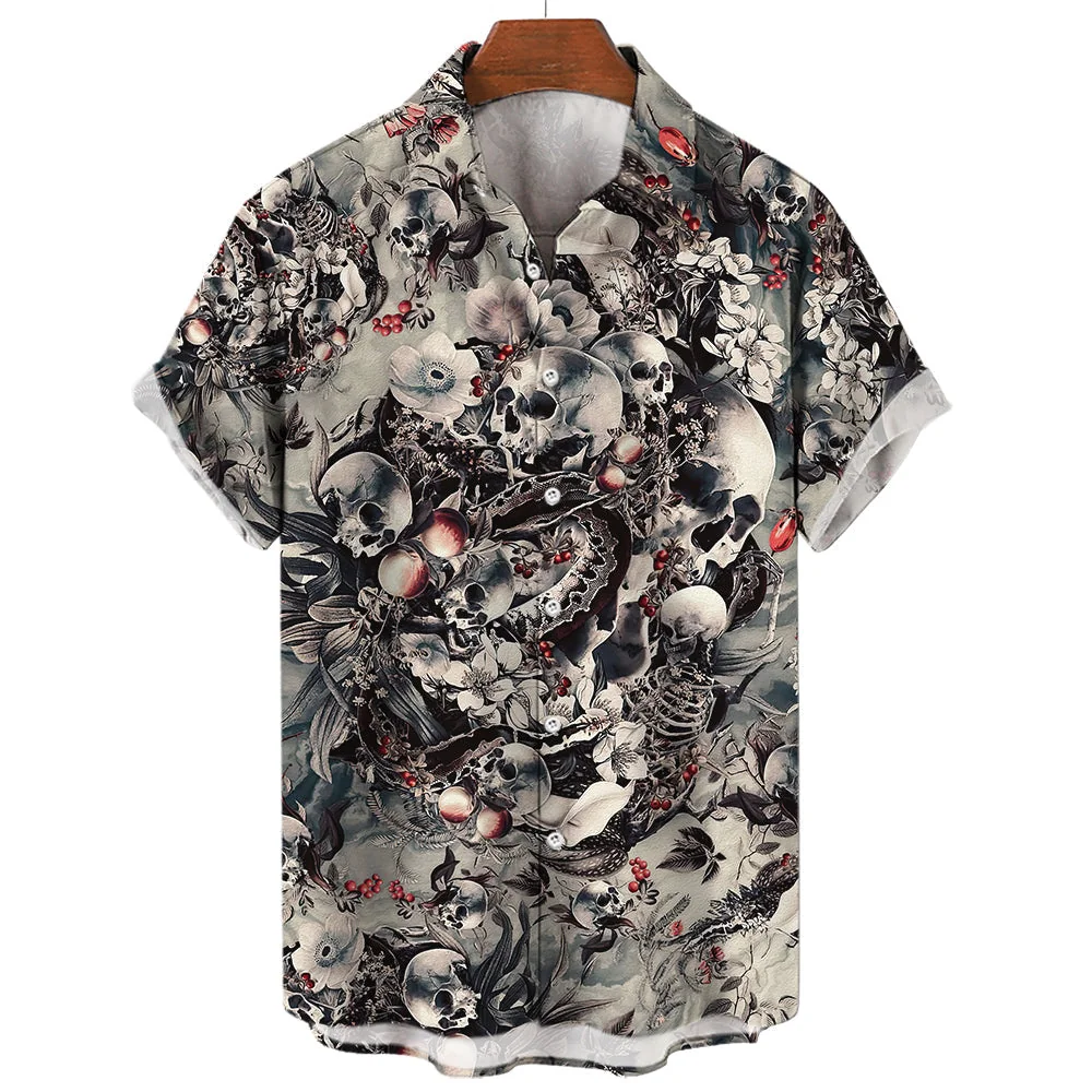 Hawaiian Skull Graphic Print T-Shirt in Black - Mens Casual Fashion