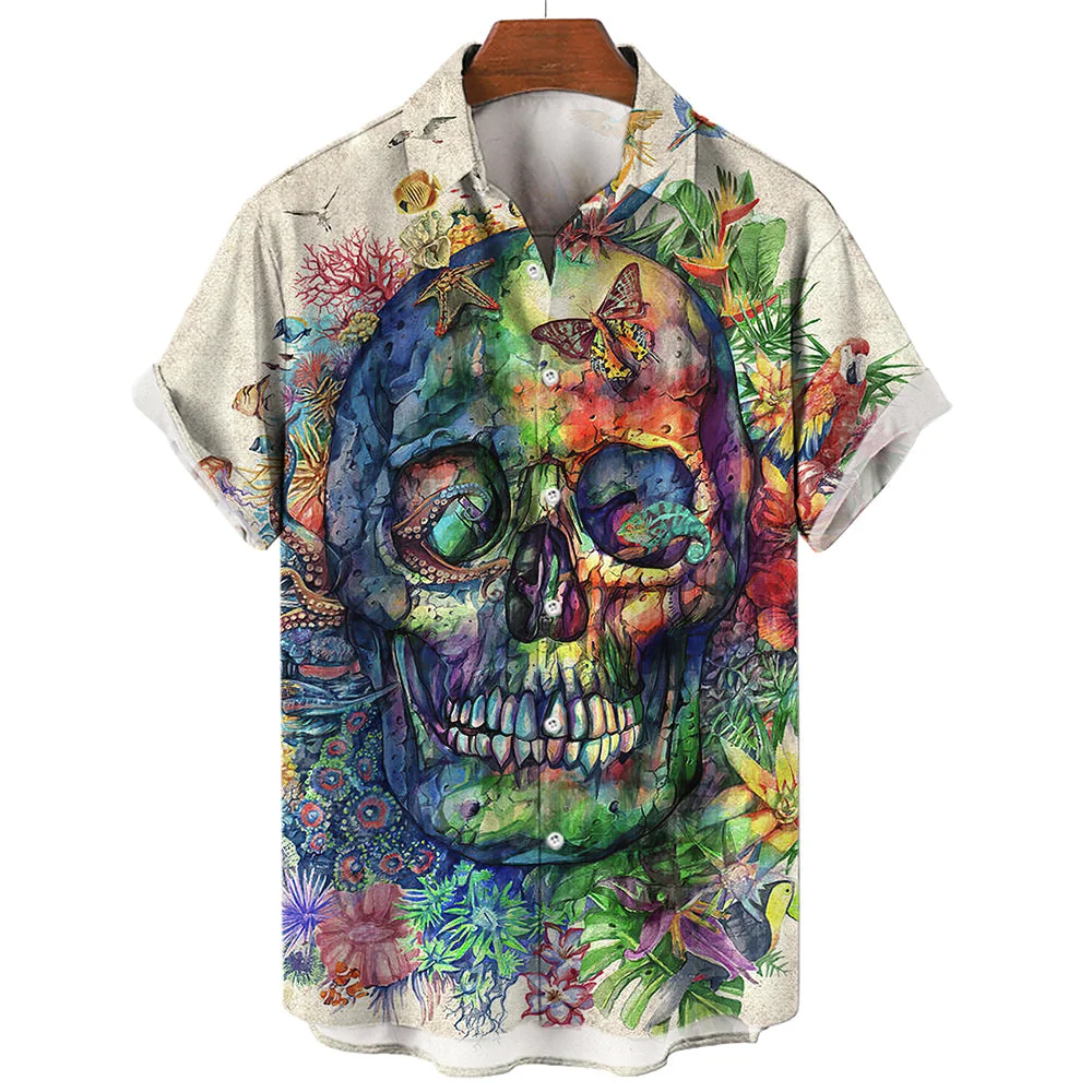 Hawaiian Skull Graphic Print T-Shirt in Black - Mens Casual Fashion