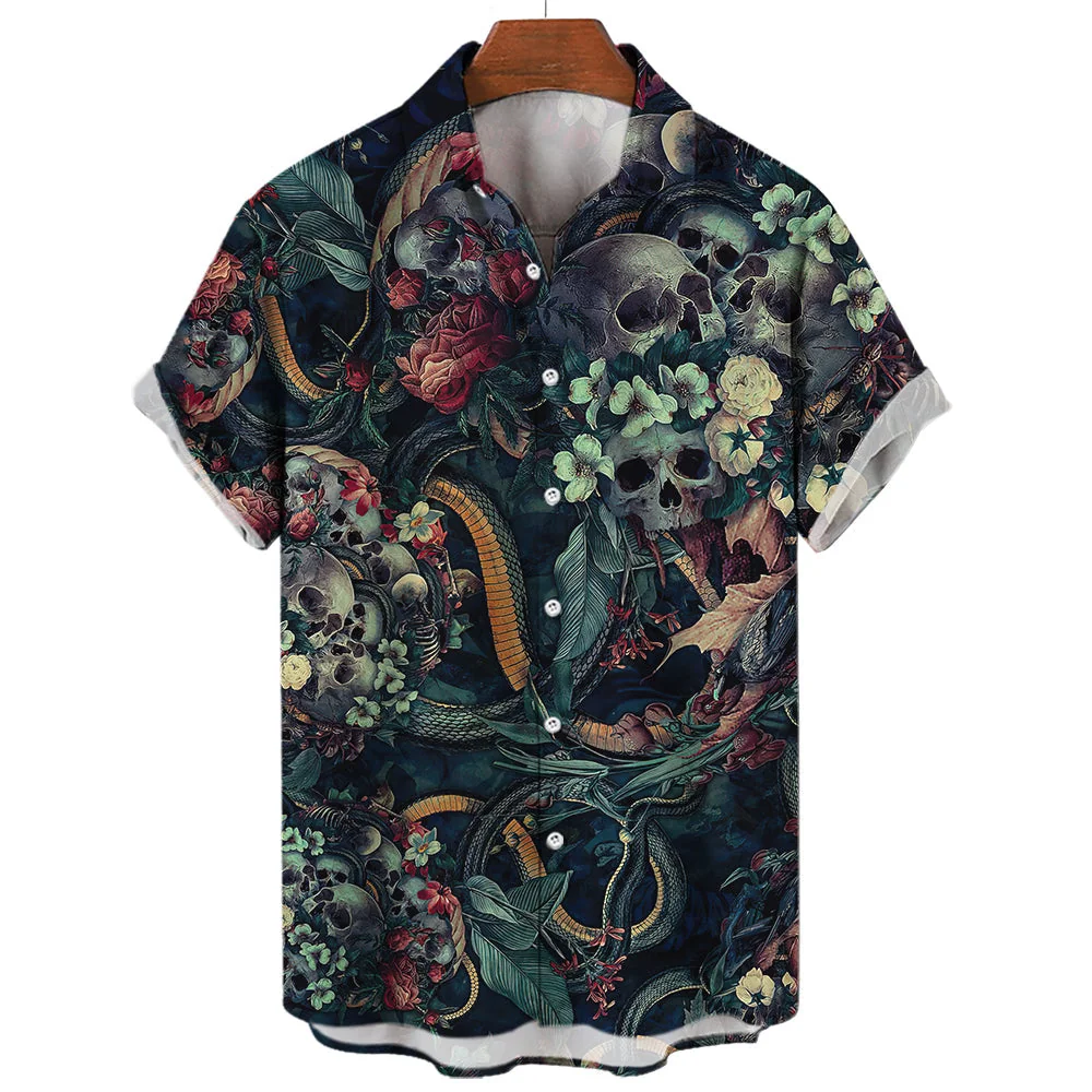 Hawaiian Skull Graphic Print T-Shirt in Black - Mens Casual Fashion
