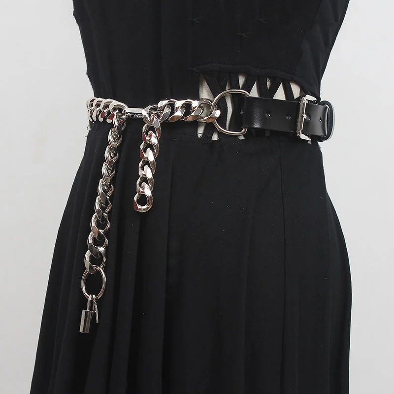 Metal Chain and Leather Padlock Belt - Edgy Style Accessory