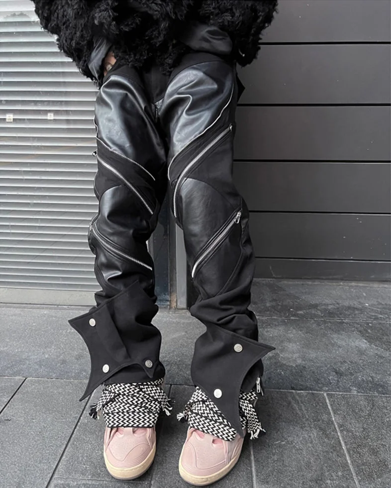Patchwork Polyurethane Pants for Men in Diverse Leather Style