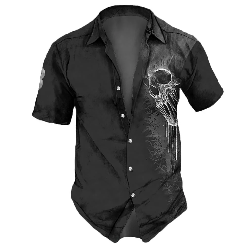 Mens Gothic Skull Print Cotton Blend T-Shirt - Black