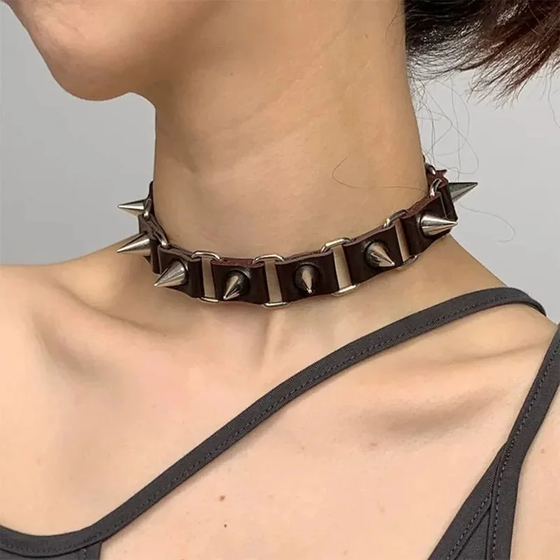 Black Spike PU Leather Choker Necklace