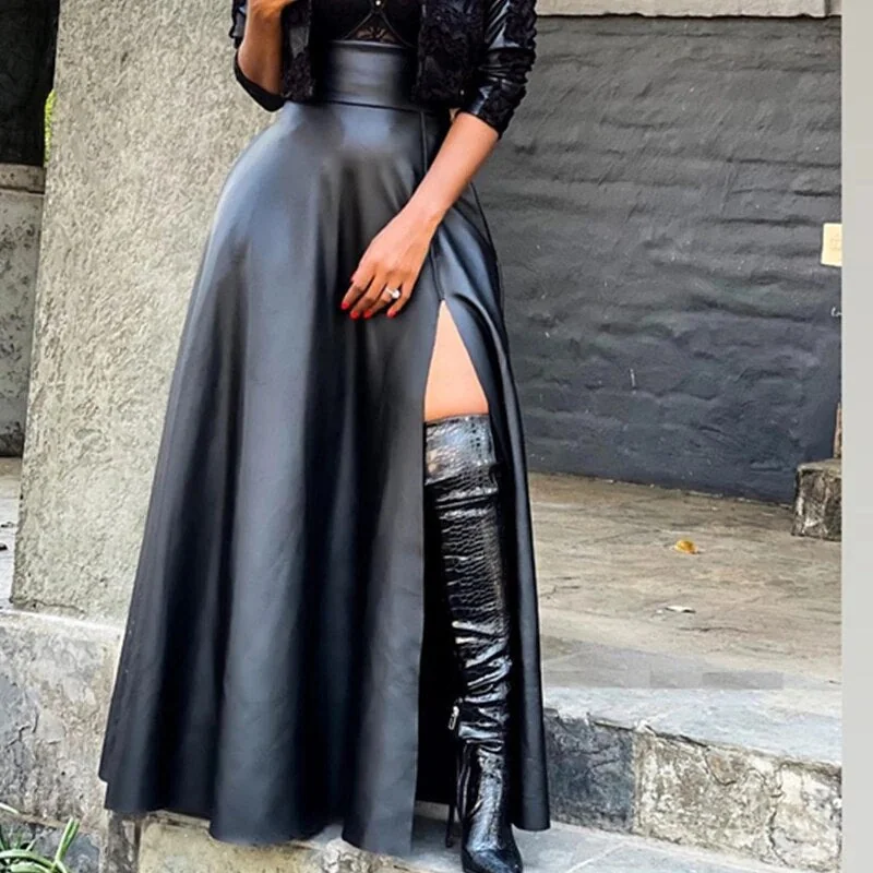 Black Faux Leather Vintage Skirt for Women