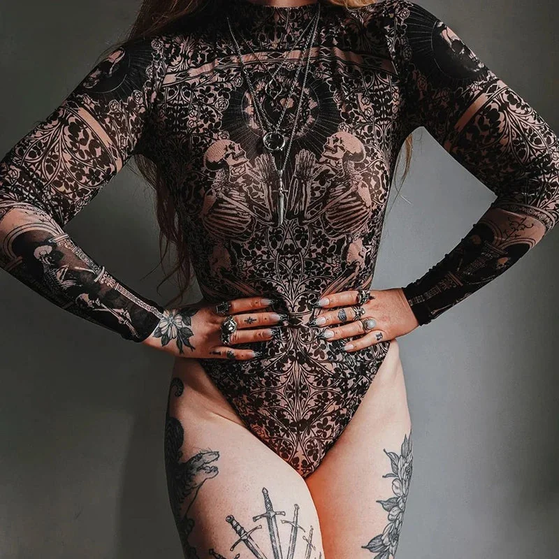 Elegant Gothic Style Cotton Polyester Blend Bodysuit for Women