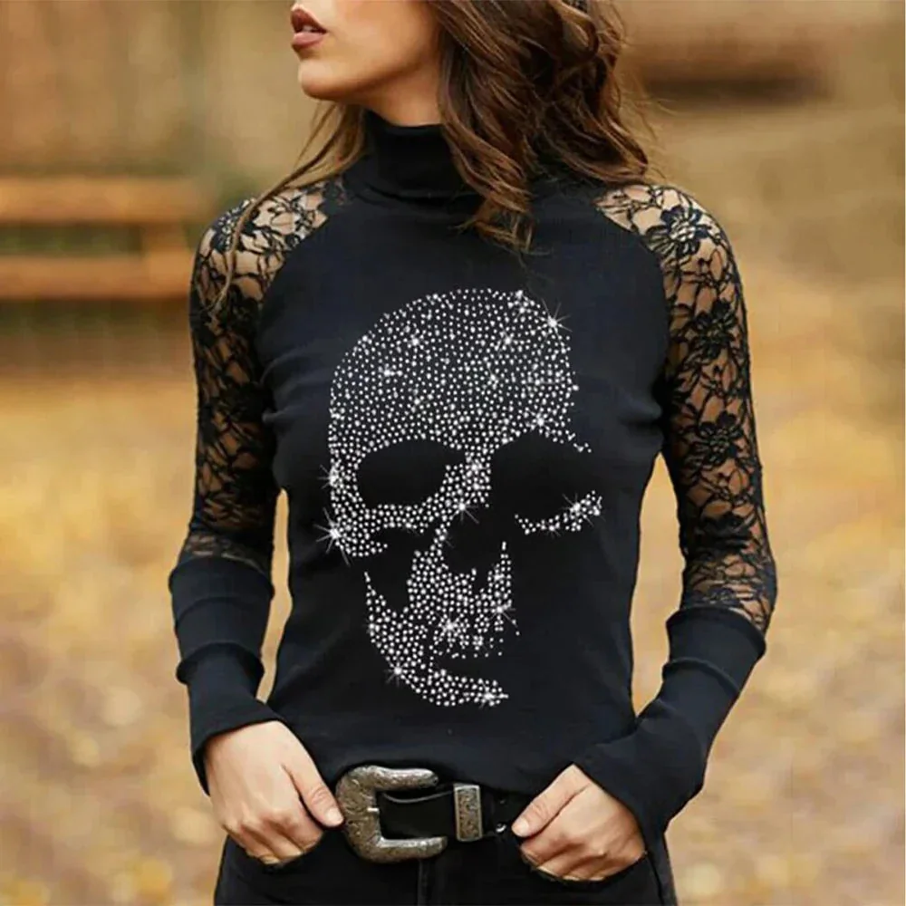 Chic Skull Print Cotton Polyester Womens Top