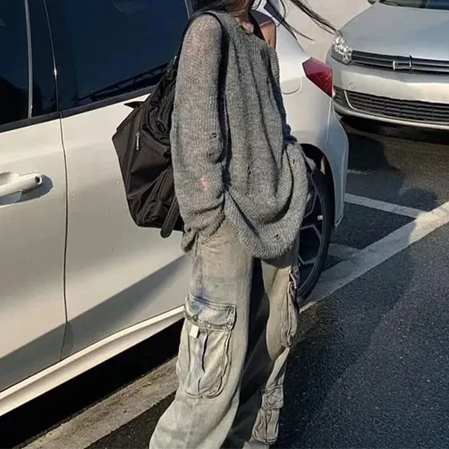 Gray Knit Cotton Polyester Sweater for Women