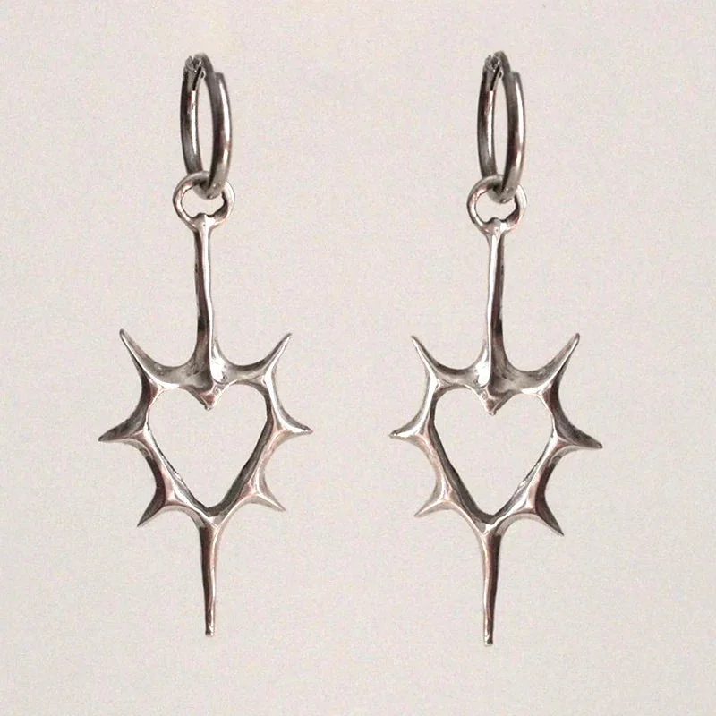 Silver Goth Heart Dangle Earrings - Premium Iron Alloy