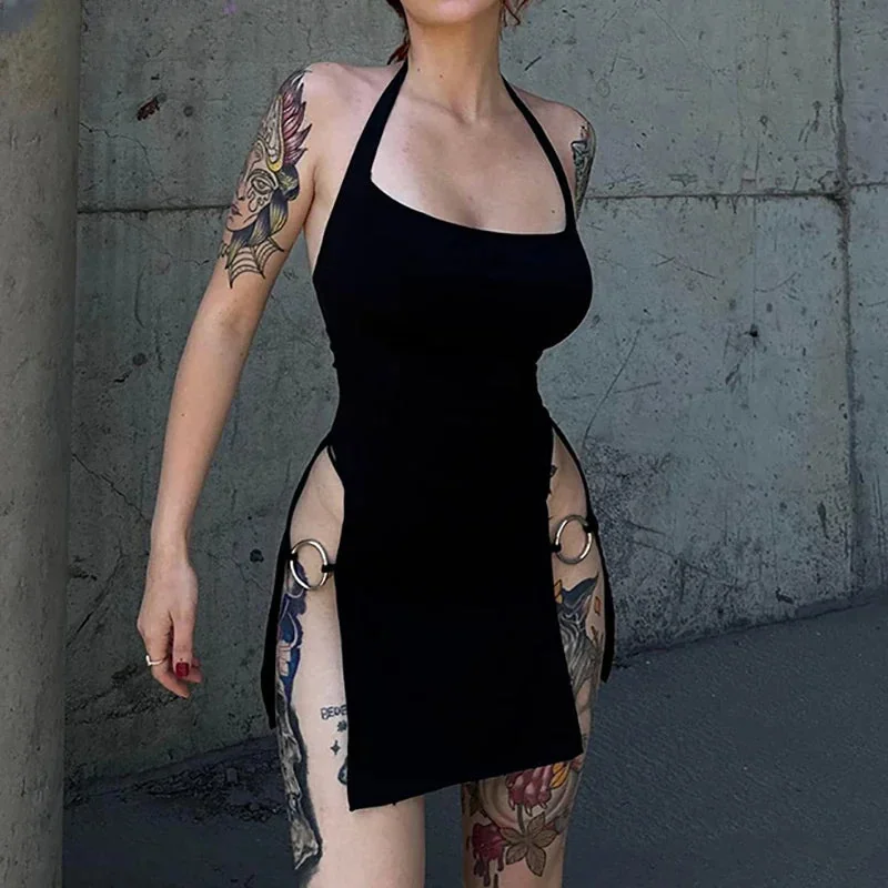 Black Cotton & Polyester Womens Mini Dress