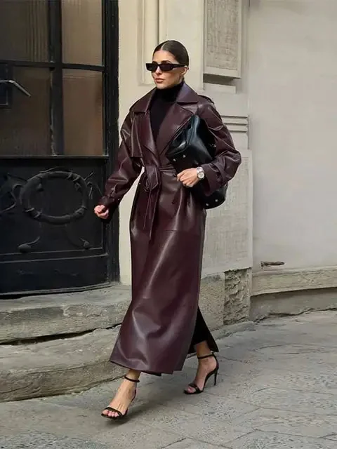 Burgundy Leather Vintage Coat for Women