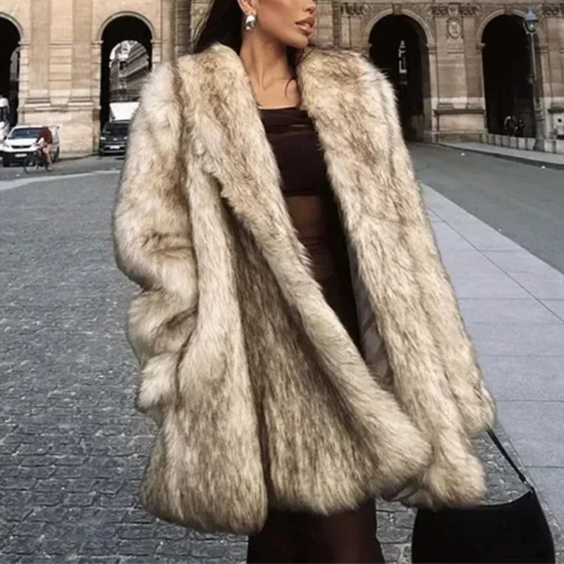 Beige Faux Fur Womens Midi Jacket