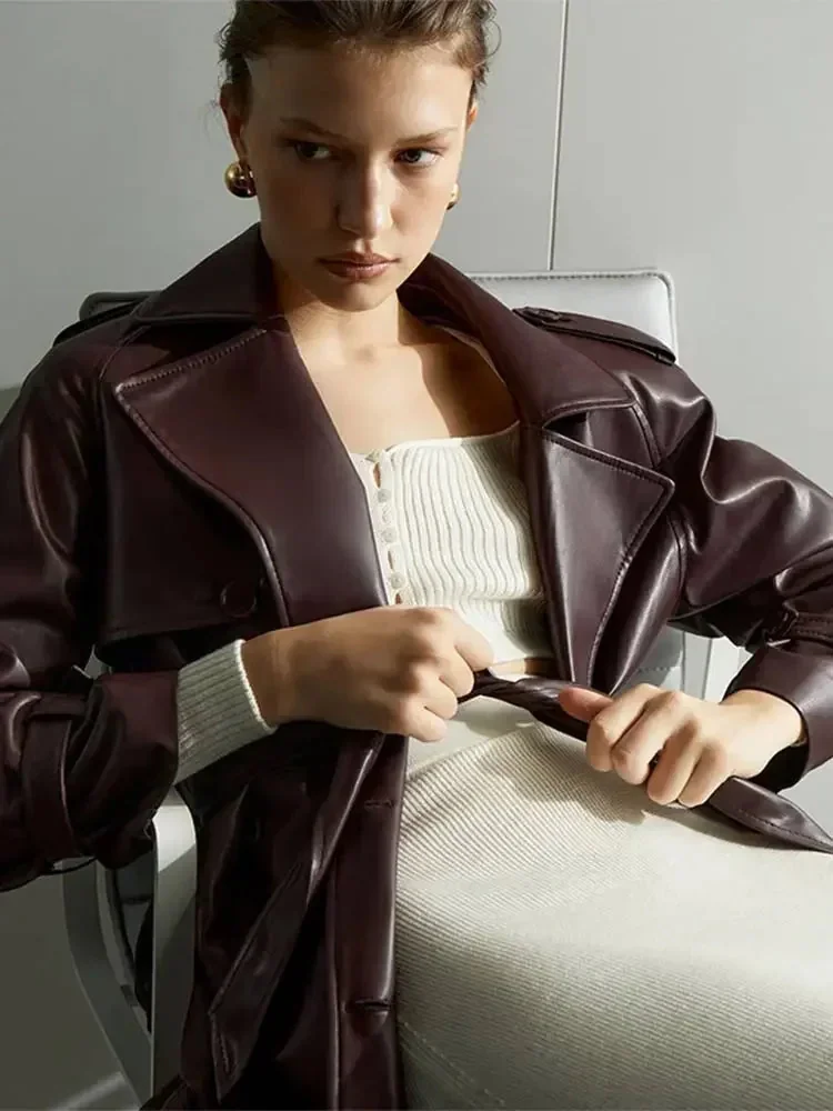 Burgundy Faux Leather Vintage Womens Coat