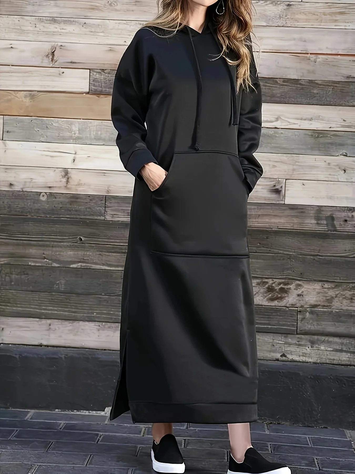 Premium Black Casual Hooded Dress Womens Cotton-Polyester Blend
