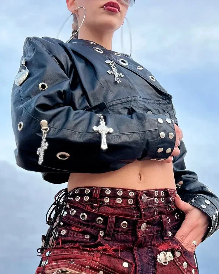 Gothic Style Black Faux Leather Jacket for Women