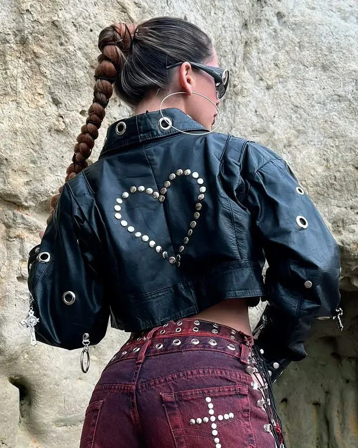 Gothic Style Black Faux Leather Jacket for Women