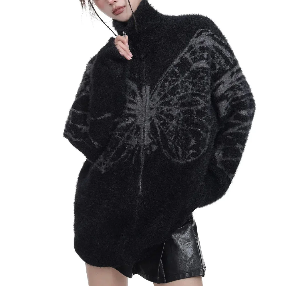Black Fluffy Butterfly Cardigan for Women Premium Cotton Polyester Blend