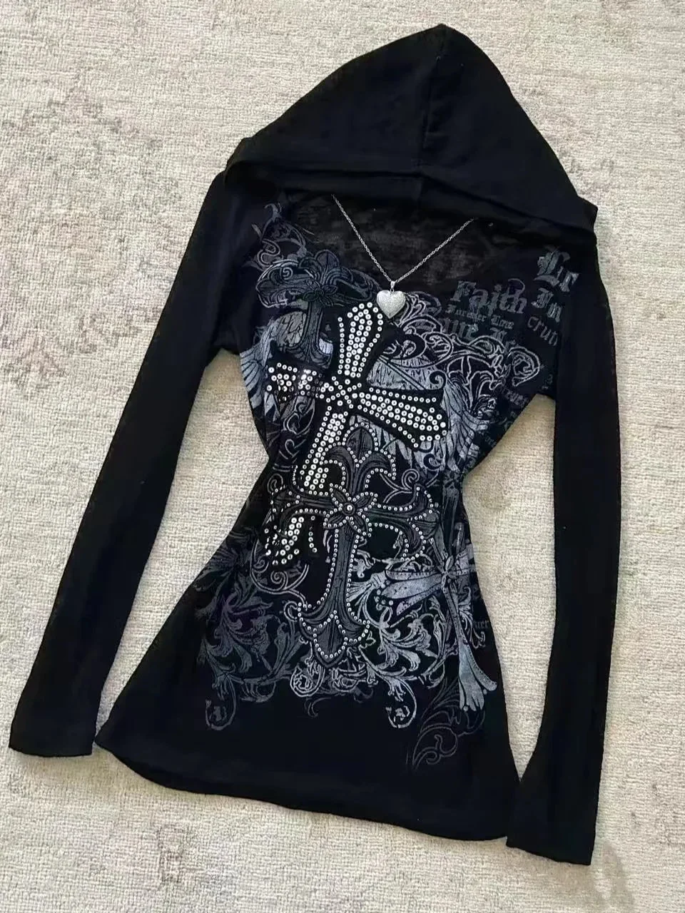 Gothic Style Hooded Black Pullover for Women
