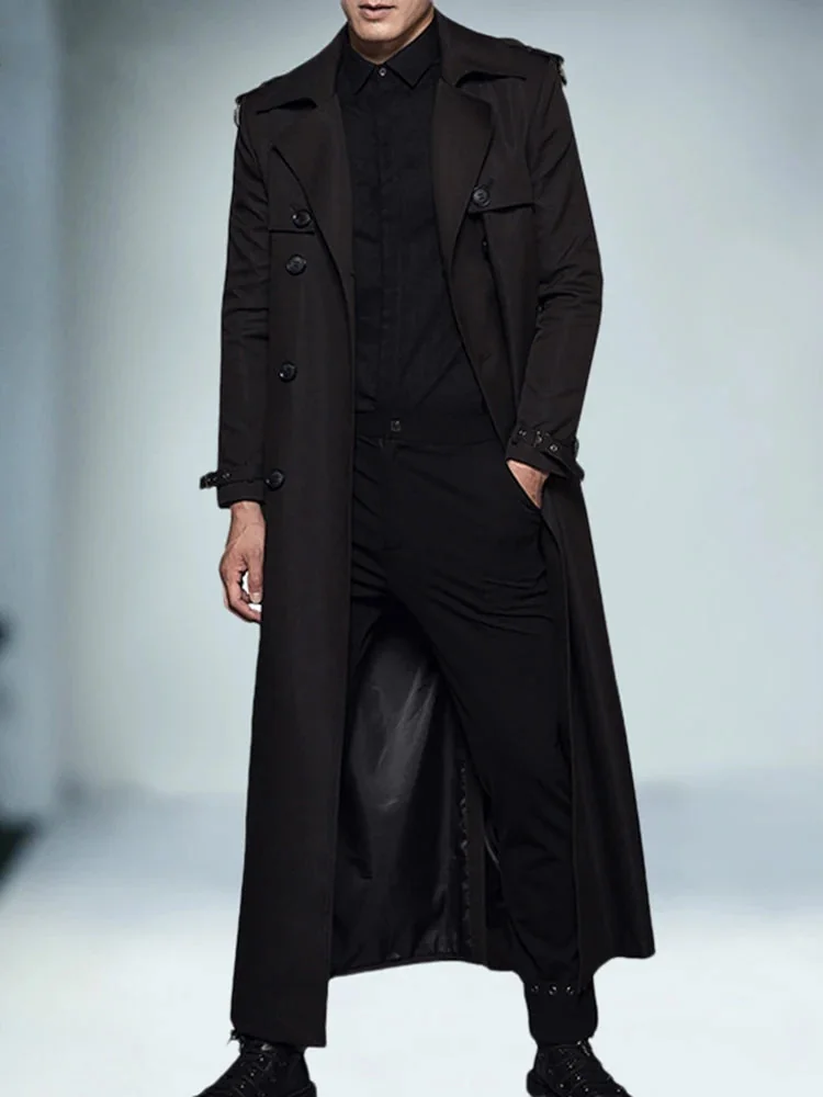 Black Extra Long Cotton Polyester Trench Jacket for Men