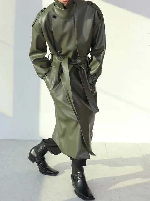 Oversized Green Trench Coat for Men Faux Leather Blend