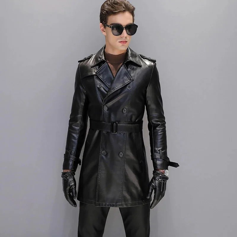 Black Faux Leather Trench Jacket for Men