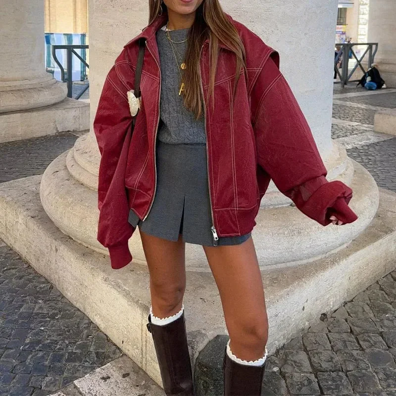 Red Vintage Faux Leather Women Jacket with Cotton Blend