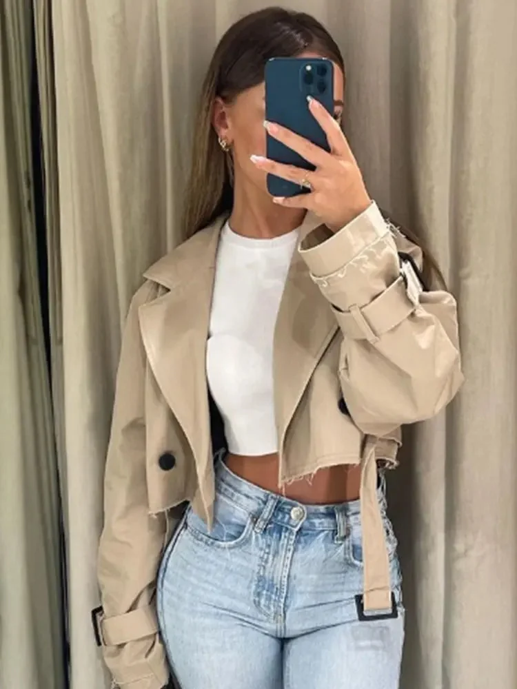 Beige Cropped Trench Jacket for Women