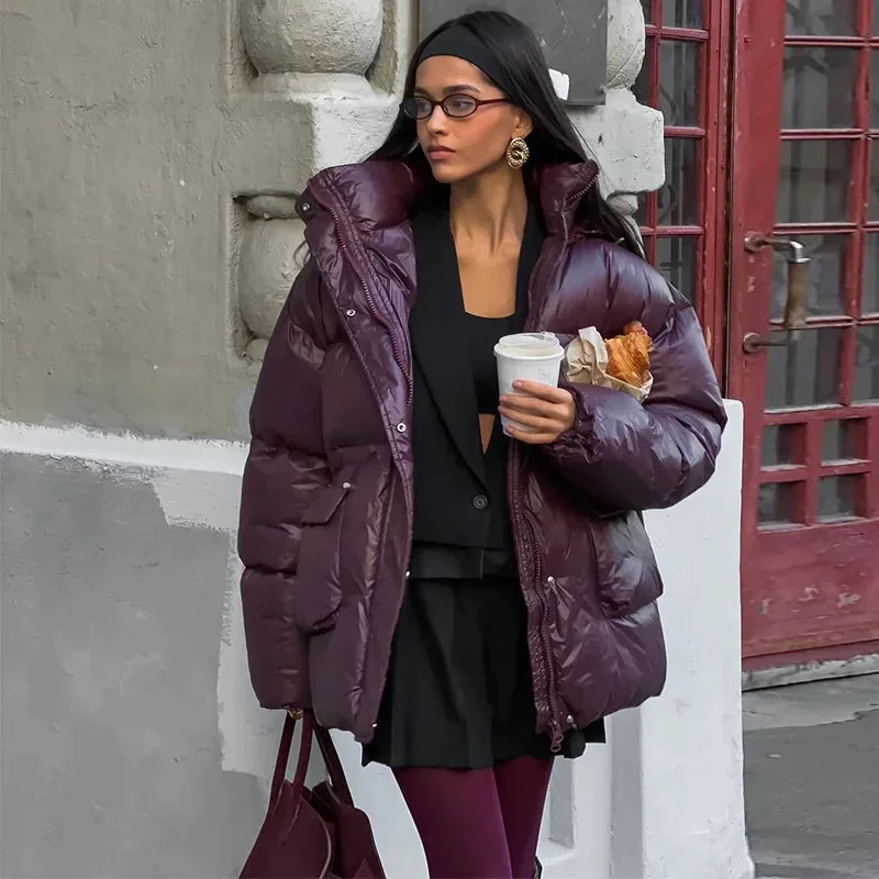 Burgundy Winter Puffer Jacket for Women